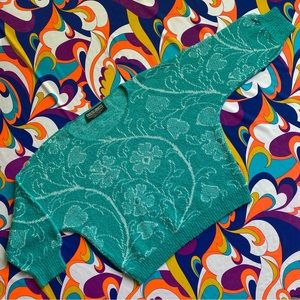 Vintage 80s turquoise floral and leaf 3/4 length sweater